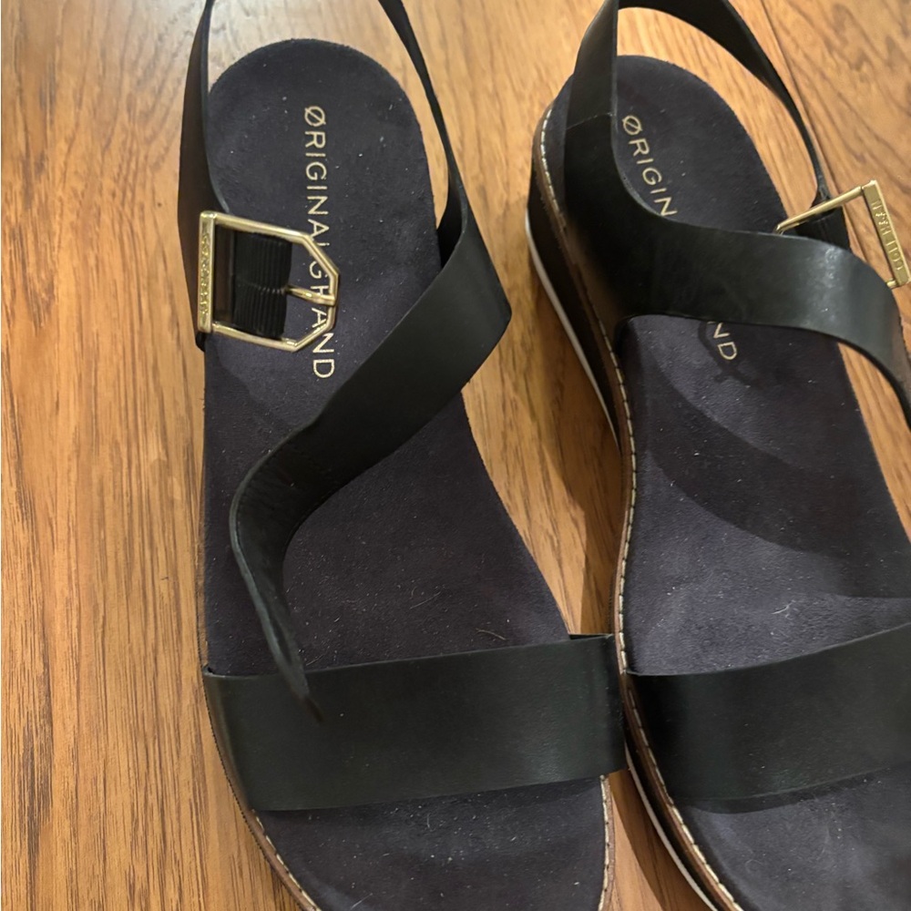 Cole Haan Black Leather Sandals with Gold Buckle